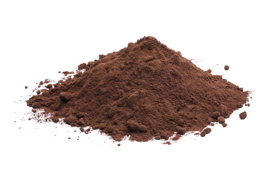 heap of dark cocoa powder on white background