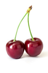 Two sweet red cherries on a stem isolated on white background