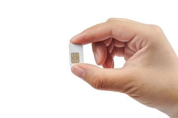 Hand holding sim card. isolated on white background.
