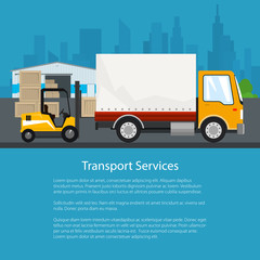 Warehouse and Transport Services ,Warehouse with Forklift Truck and Lorry on the Background of the City , Unloading or Loading of Goods and Text, Poster Flyer Brochure Design, Vector Illustration