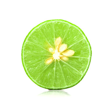 the fresh sliced lime with seed on white background