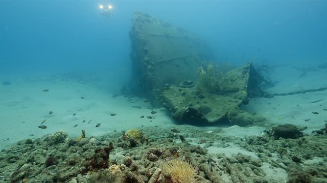 Unterwasser - Riff - Wrack - Schiffswrack - Schwamm - Koralle - Taucher - Tauchen - Curacao - Karibik - 4K