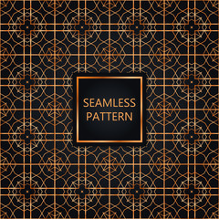 Golden seamless pattern on black background, islamic, oriental, eastern style.Template with luxury foil for packaging, fashion, greetings, cover, wedding. Vector illustration