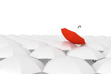 group of white umbrella with red in 3D rendering