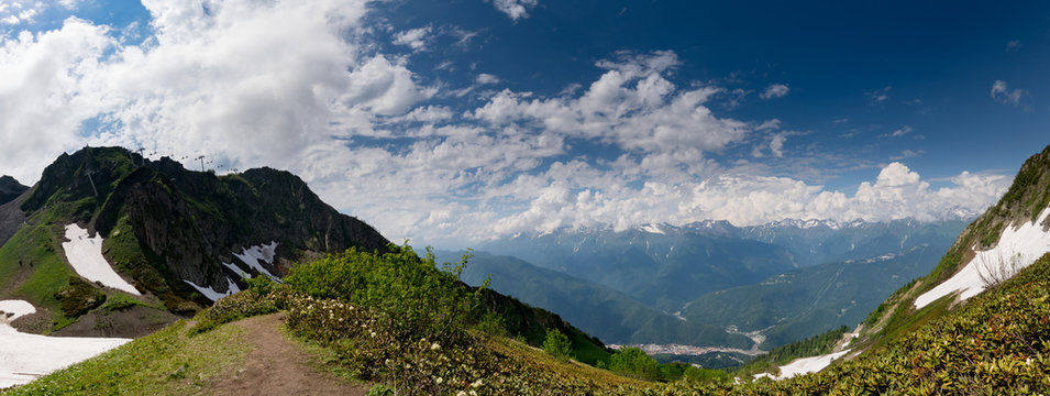 Panorama of the top of the Caucasus mountains