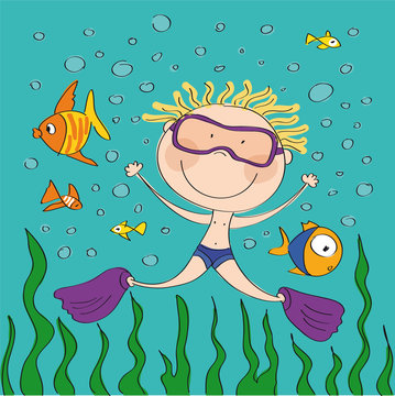 Scuba diver - happy boy swimming in the sea - original hand drawn illustration