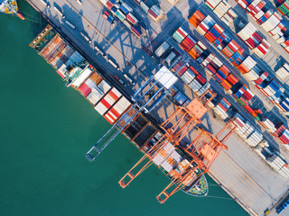 aerial view of container ship vessel loading or discharing operate in port