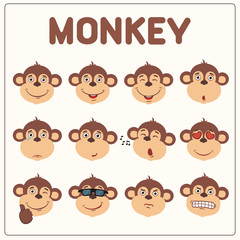 Emoticons set face of monkey in cartoon style. Collection isolated funny muzzle monkey with different emotion.