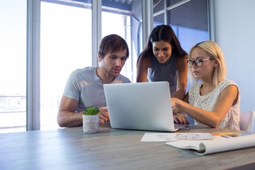 Executives discussing over laptop during a meeting