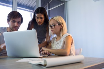 Executives discussing over laptop during a meeting