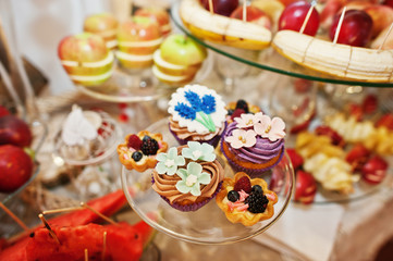 Gorgeous-looking wedding table with various beverages, delicious dishes, fruits and decorations.