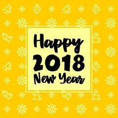 New Year 2018 icon set pattern. New Year and winter holidays flat vector icons yellow and black background