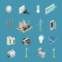 Electricity Power Icons Isometric  Collection