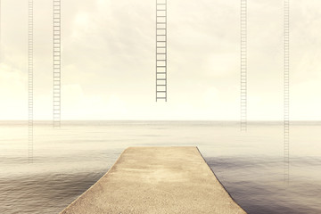 surreal ladder rises up into the sky in a silent sea landscape