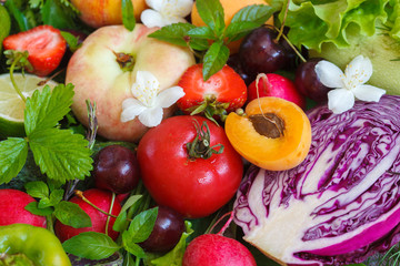 Summer fruits and vegetables. Love for a healthy vegan food concept.