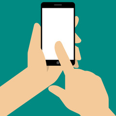 Hand holing black smartphone, touching blank white screen. Using mobile smart phone, flat design concept. Vector illustration