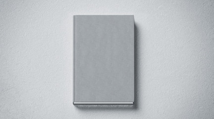 Blank grey tissular hard cover book mock up, front side view, 3d rendering. Empty notebook hardcover mockups, isolated. Bookstore branding template. Plain textbook with clear binding. Booklet above