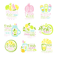 Natural fresh juice product set of logo templates hand drawn colorful vector Illustrations