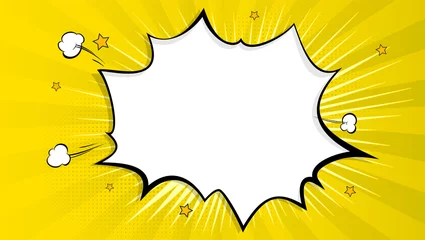 Fotobehang Pop art splash background, explosion in comics book style, blank layout template with halftone dots, clouds beams and isolated dots pattern on yellow backdrop. Vector template for ad, covers, posters. © eriksvoboda
