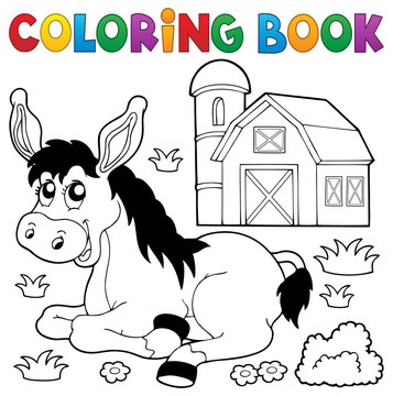 Coloring book donkey and farm