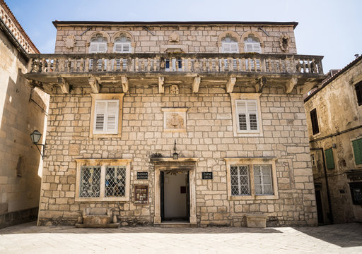 The Episcopal Treasury of St. Marco, Korcula, Croatia. Also called Abbey Treasury of St Mark (Opatska Riznica Svetog Marka), or the Bishop's Treasury.  "Zupni Ured" translates as "Parish Office"