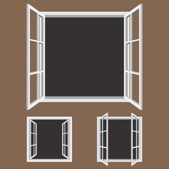 Open window frame icon. Add your own image or text. Vector illustration of an open window.