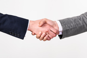 Two businessmen handshaking on gray background