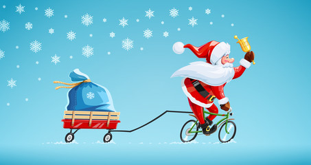 Santa claus with bell at bicycle. Christmas cartoon character.