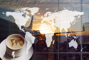 Airport coffee and traveling the world. City buildings and boarding queue. Double exposure collage. Elements of this image furnished by NASA