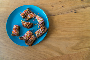 Dutch breakfast, slice of bread with hagelslag chocolate sprinkles