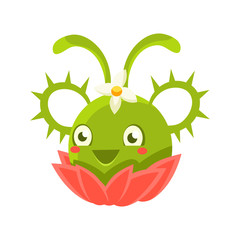 Cute fantastic green succulent plant character with spikes, nature element cartoon vector Illustration