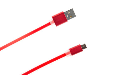 Two red connectors of a micro USB cable on a white isolated background. Horizontal frame
