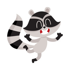 Cute little raccoon character jumping from happiness and delight, cartoon vector illustration isolated on white background. Happy and excited little raccoon jumping with pleasure and delight