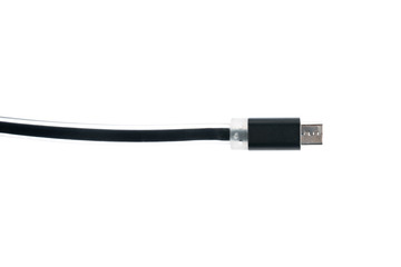 Black micro usb connector cable on white isolated background. Horizontal frame