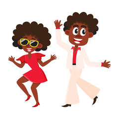 Black, African American couple, man and woman, dancing dicso, cartoon vector illustration isolated on white background. Young black African American man and woman dancing together at retro disco party