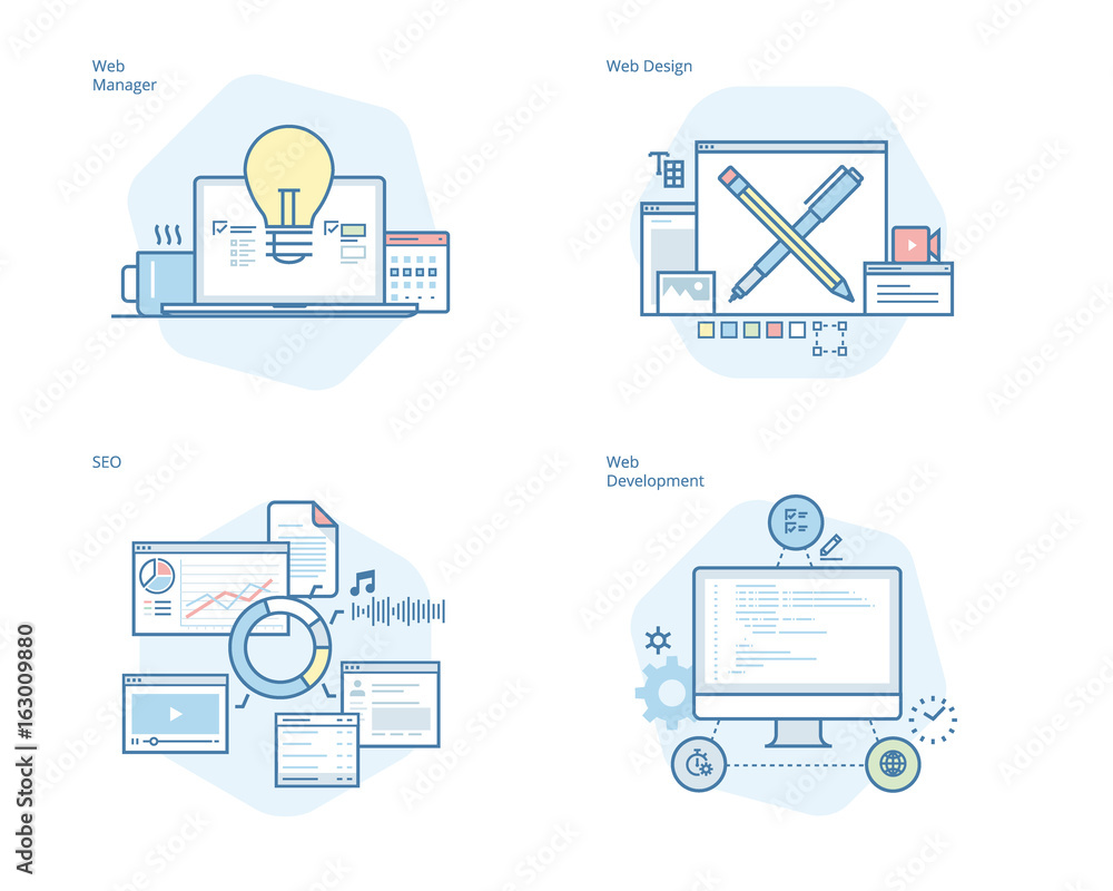 Poster set of concept line icons for web design and development, seo, web manager. ui/ux kit for web design