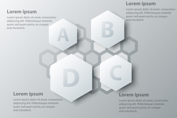 Four topics simple white hexagon 3d paper for website presentation cover poster vector design infographic illustration concept