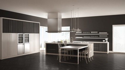 Minimalistic modern kitchen with table, chairs and parquet floor, white and gray interior design