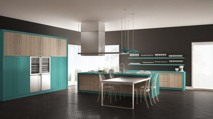 Minimalistic modern kitchen with table, chairs and parquet floor, gray and turquoise interior design