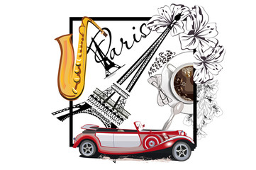 Fototapeta na wymiar Coffee cup with a spoon and the Eiffel tower. Saxophone and a retro car. Hand drawn vector. 