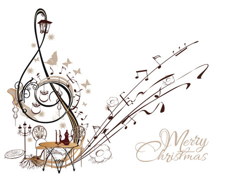 Holiday music. Abstract treble clef decorated with Christmas toys, butterflies, notes.