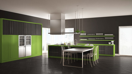 Minimalistic modern kitchen with table, chairs and parquet floor, gray and green interior design