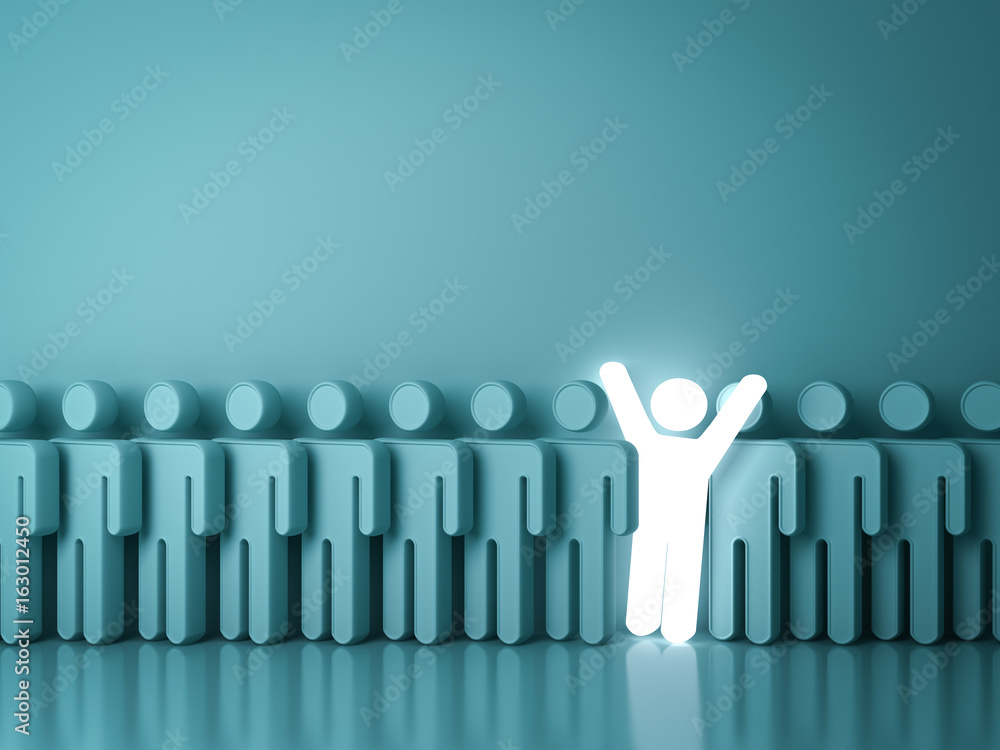 Poster Stand out from the crowd and different creative idea concepts , One glowing light man standing with arms wide open among other people on green background with reflections and shadows . 3D rendering.