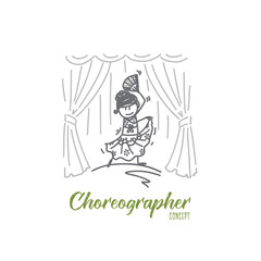 Choreographer concept. Hand drawn choreographer dancing on scene. Young female dancer isolated vector illustration.