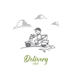 Delivery concept. Hand drawn a man on delivery car with pizza. Courier service isolated vector illustration.