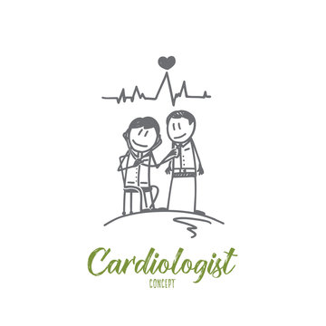 Cardiologist concept. Hand drawn doctor cardiologist with a patient. Heart diagnostic process isolated vector illustration.