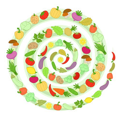 Vegetables spiral on a white background