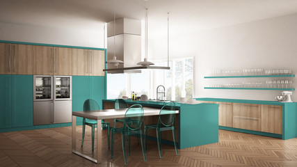 Minimalistic modern kitchen with table, chairs and parquet floor, white and turquoise interior design