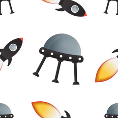 Vector isolated cartoon seamless pattern with rocket and UFO for gift wrapping paper, covering and branding on the white background. Concept of galaxy and space.