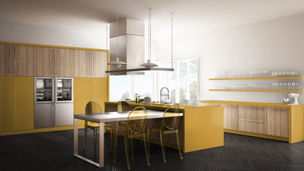 Minimalistic modern kitchen with table, chairs and parquet floor, gray and yellow interior design